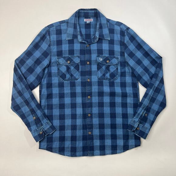 True Religion Shirt Men M Medium Blue Plaid Long Sleeve Collared Pockets Utility - Picture 2 of 13